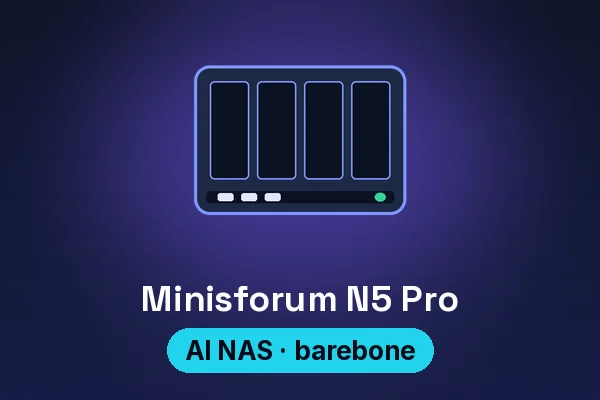 Minisforum N5 Pro AI NAS, dark cube-shaped enclosure — illustrated product card